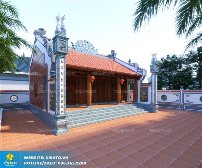 Phối cảnh 3D không gian ngoại thất của mẫu từ đường nhà thờ họ 3 gian 2 mái tại Nam Định
