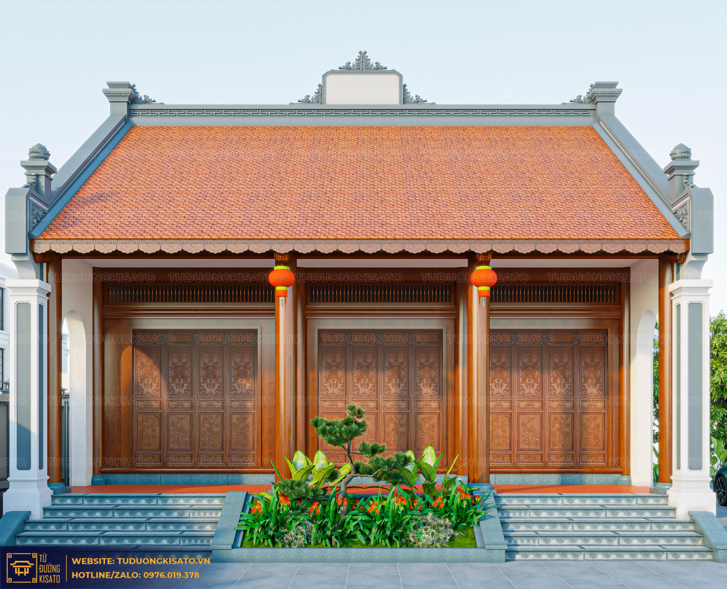 mặt tiền nhà thờ 3 gian tối giản thiết kế cân đối