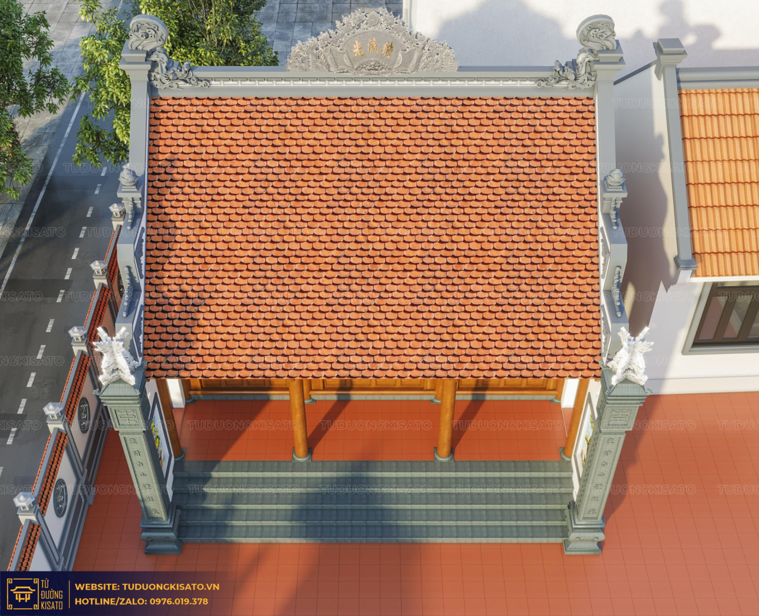 Mẫu từ đường 3 gian bê tông giả gỗ 70m²